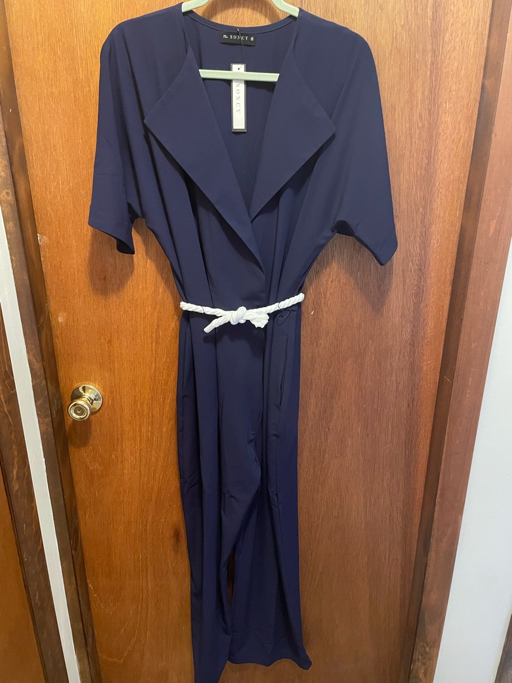 Navy Jumpsuit with a faux wrap on top beautiful